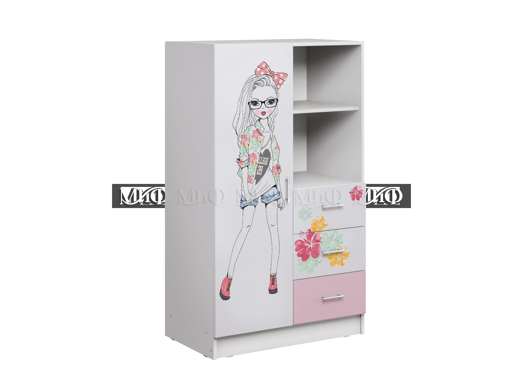 Шкаф Комбинированный Fashion (Ш-802 мм х Г-460 мм x В-1376 мм)Белый/Розовый